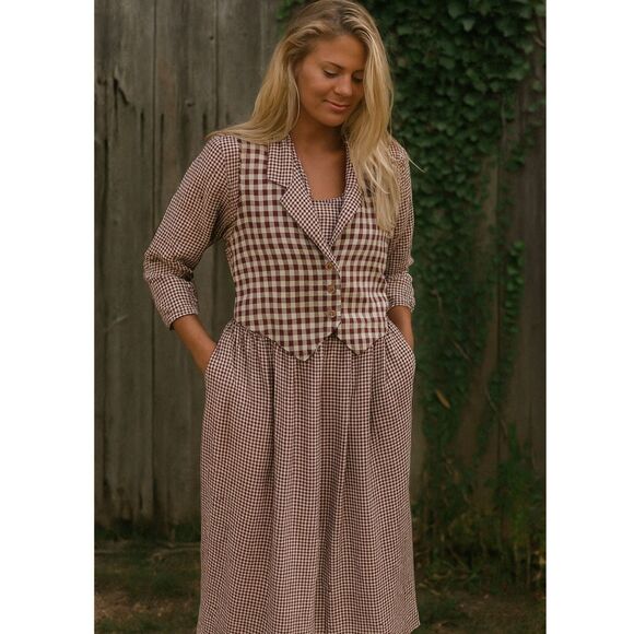 Stuart Allen Gingham Dress Womens Sz 8 VTG 70s USA Midi Vest Cottagecore Pockets - Picture 1 of 15